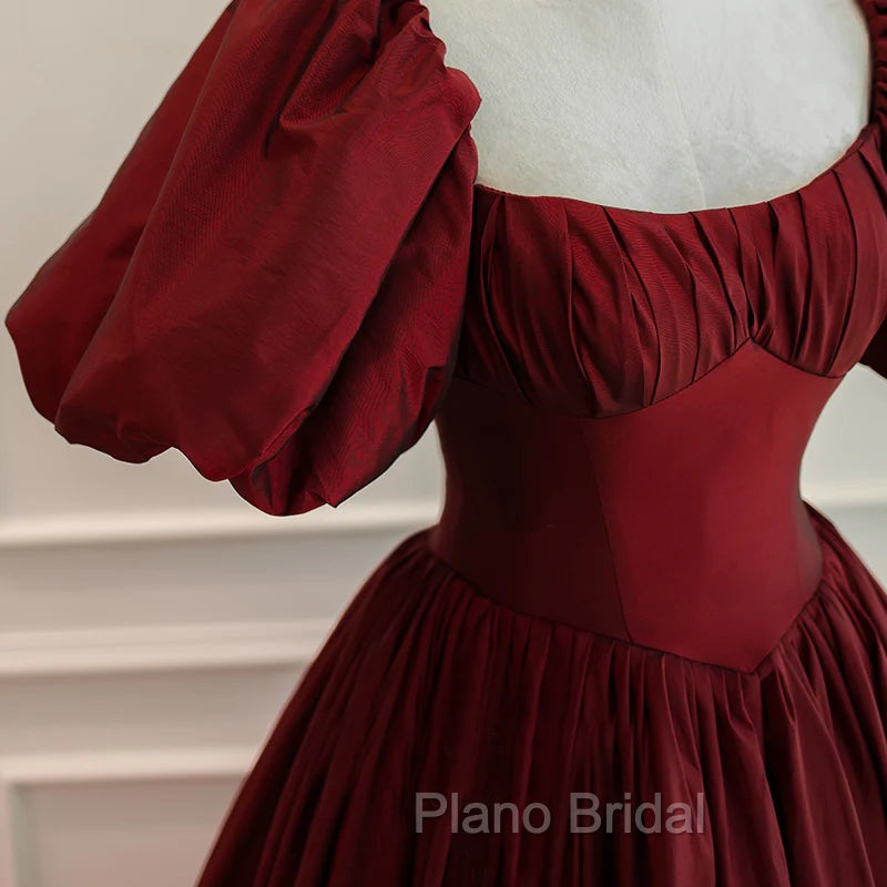 Burgundy Puffy Sleeves Taffeta Long Formal Prom Dresses, Floor Length Sweetheart Party Dresses