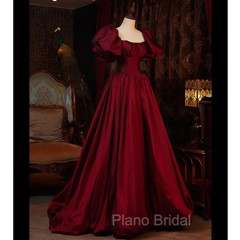 Burgundy Puffy Sleeves Taffeta Long Formal Prom Dresses, Floor Length Sweetheart Party Dresses Secondary image