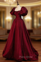 Burgundy Puffy Sleeves Taffeta Long Formal Prom Dresses, Floor Length Sweetheart Party Dresses