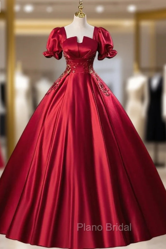 Burgundy Red Satin Short Sleeve Appliques Quinceanera Dresses Main image