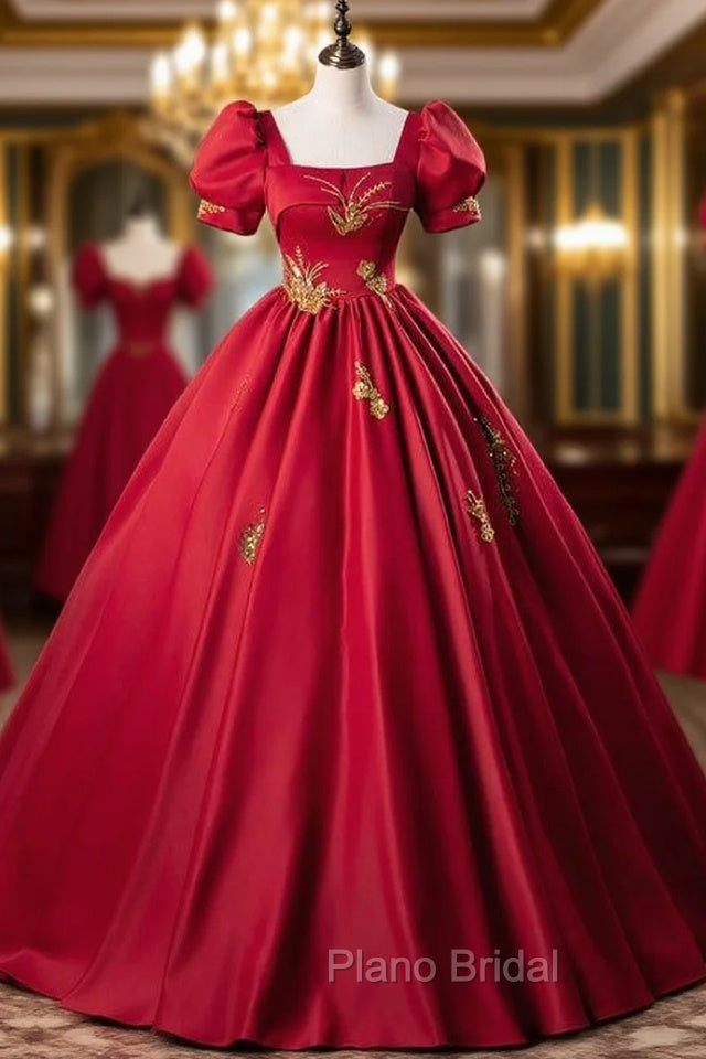 Burgundy Red Satin Short Sleeve Square Appliques Quinceanera Dresses