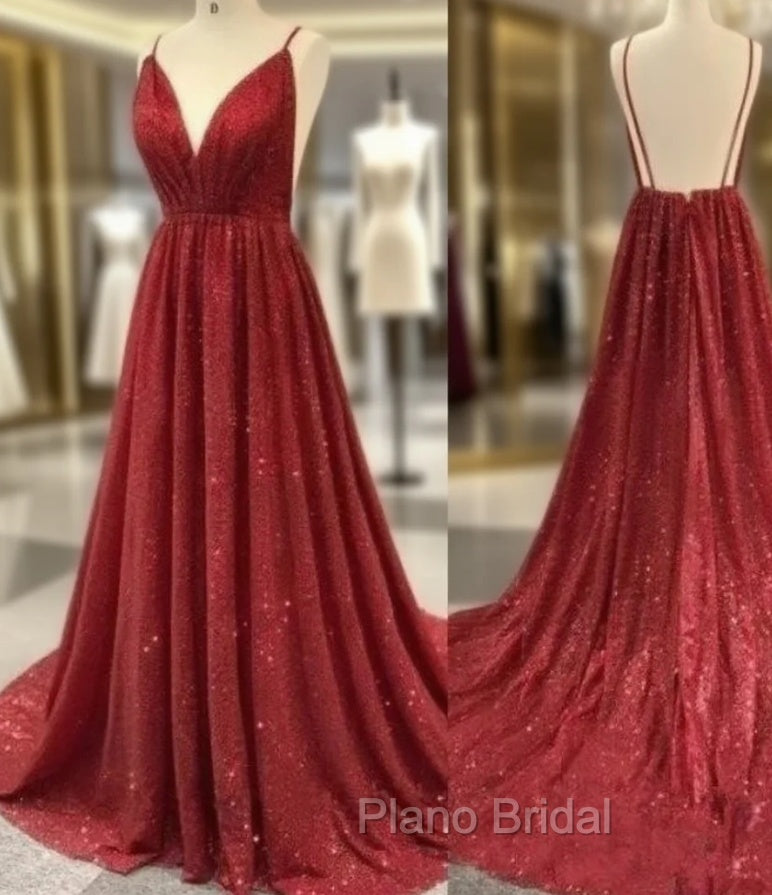 Burgundy Robe De Soiree A-Line V-Neck Sequins Sparkle Crystals Backless Sexy Long Formal Prom Dresses Formal Prom Gown Evening Dresses Main image