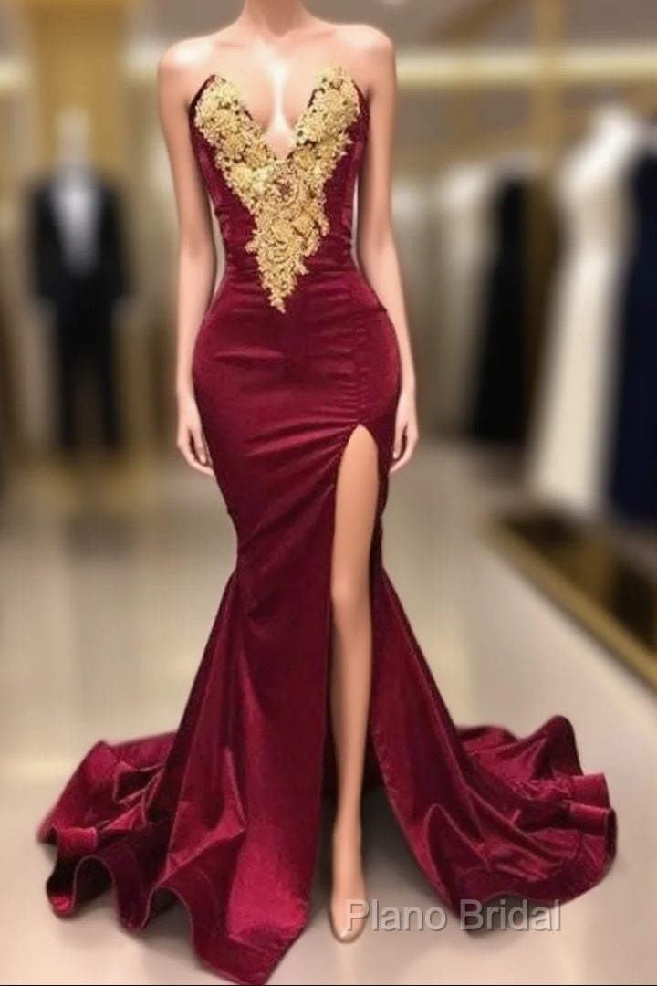 Burgundy Robe De Soiree Mermaid Sweetheart Appliques Beaded Slit Sexy Long Formal Prom Dresses Formal Prom Gown Formal Dresses Main image