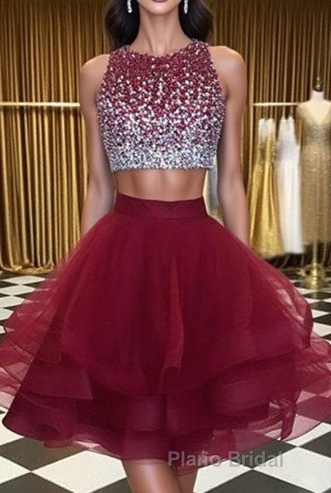 Burgundy Round Neck 2 Pieces Sequins Tulle Short Formal Prom Dress, 2 Pieces Burgundy Homecoming Dress, Graudation Dress Main image