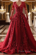Burgundy round neck lace long Formal Prom dress burgundy evening dress