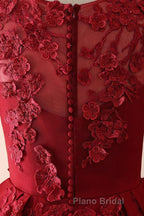 Burgundy round neck lace long Formal Prom dress burgundy evening dress