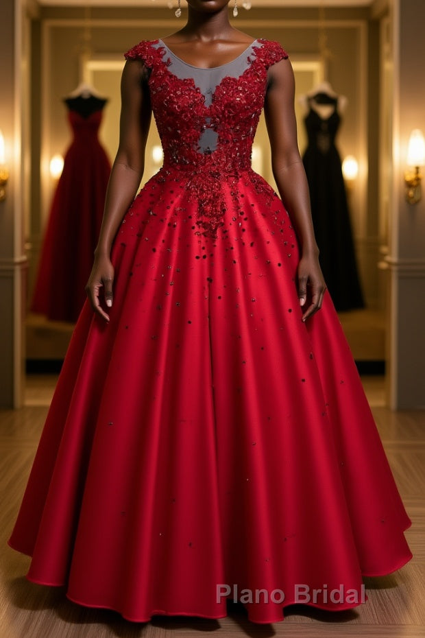 Burgundy round neck lace satin long Formal Prom dress burgundy evening dress