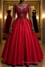 Burgundy round neck lace satin long Formal Prom dress burgundy evening dress