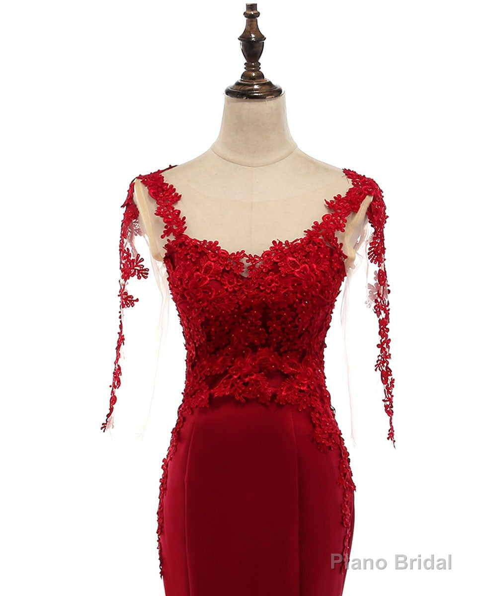 Burgundy Round Neck Lace Satin Mermaid Long Prom Dress Lace Formal Dress