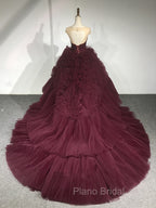 Burgundy Round Neck Tulle Burgundy Long Formal Prom Gown, Burgundy Long Evening Dresses