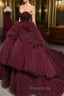 Burgundy Round Neck Tulle Burgundy Long Formal Prom Gown, Burgundy Long Evening Dresses