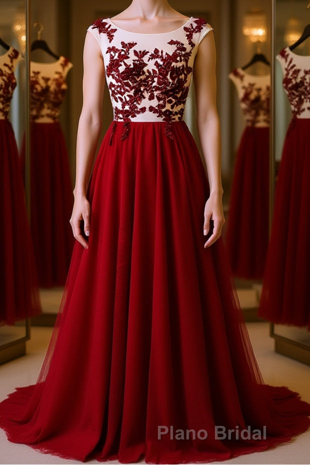 Burgundy round neck tulle lace long Formal Prom dress, bridesmaid dress Main image