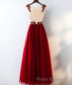 Burgundy round neck tulle lace long Formal Prom dress, bridesmaid dress