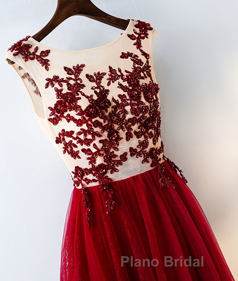 Burgundy round neck tulle lace long Formal Prom dress, bridesmaid dress