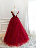 Burgundy Round Neck Tulle Lace Long Formal Prom Dresses, Burgundy Evening Dresses