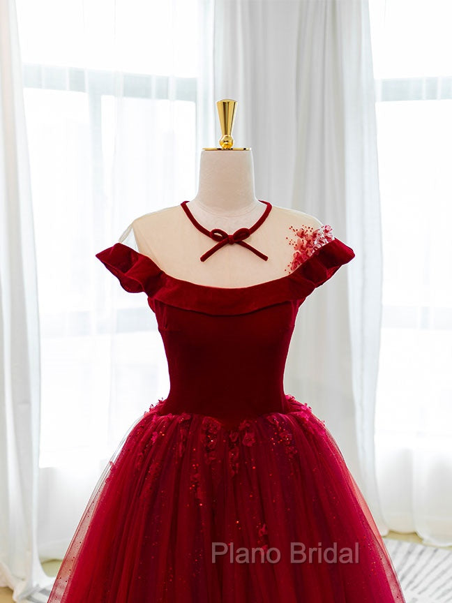 Burgundy Round Neck Tulle Lace Long Formal Prom Dresses, Burgundy Evening Dresses