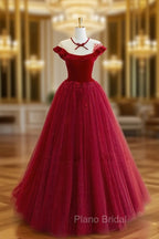 Burgundy Round Neck Tulle Lace Long Formal Prom Dresses, Burgundy Evening Dresses