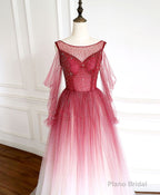 Burgundy Round Neck Tulle Long Prom Dress Burgundy Evening Dress