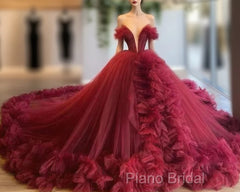 Burgundy Ruffles Wedding Dresses Tulle Skirt Ball Gown Sexy Plunge V-Neck Bridal Wedding Formal Prom Gowns