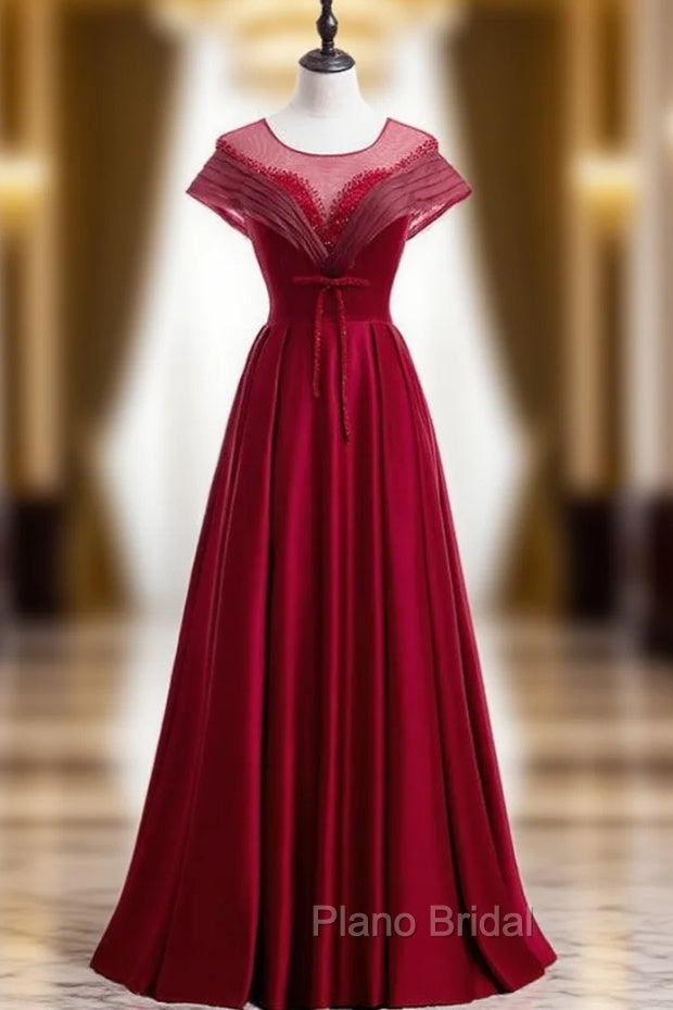 Burgundy Satin Backless Cap Sleeve Beading Pleats Formal Prom Dresses