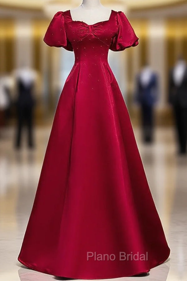 Burgundy Satin Backless Puff Sleeve Beading Formal Prom Dresses