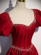 Burgundy Satin Beads Long Formal Prom Dresses, Burgundy Long Formal Dresses