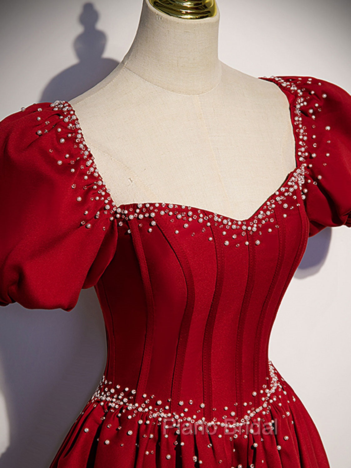 Burgundy Satin Beads Long Formal Prom Dresses, Burgundy Long Formal Dresses