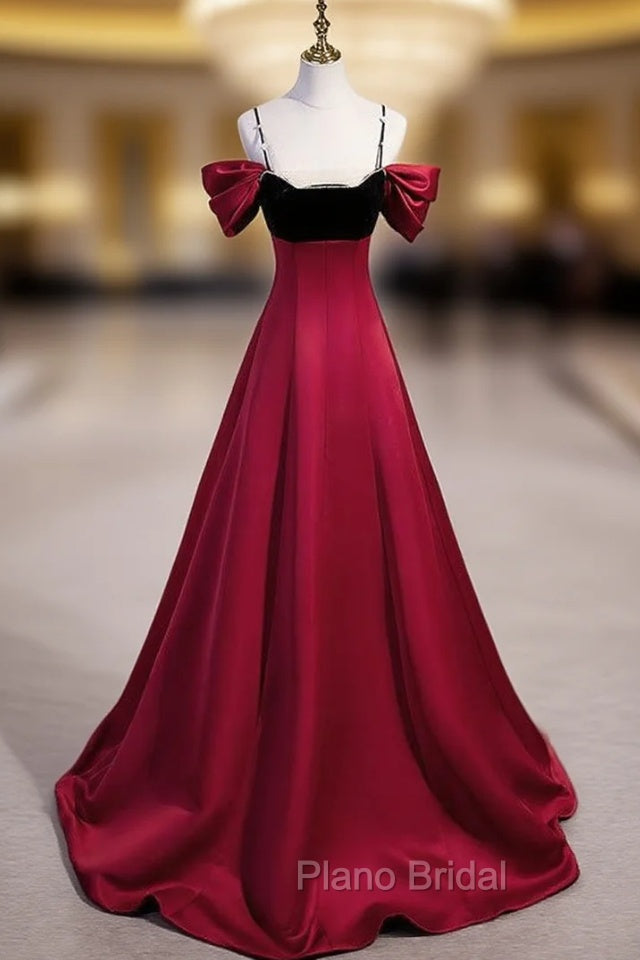 Burgundy Satin Black Velvet Spaghetti Straps Beading Formal Prom Dresses Main image