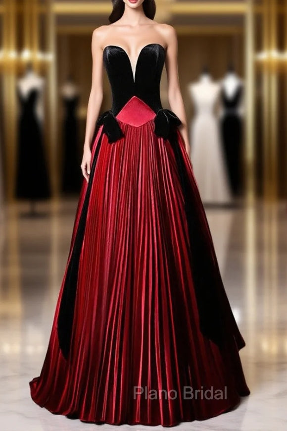 Burgundy Satin Black Velvet Strapless Formal Prom Dresses Main image