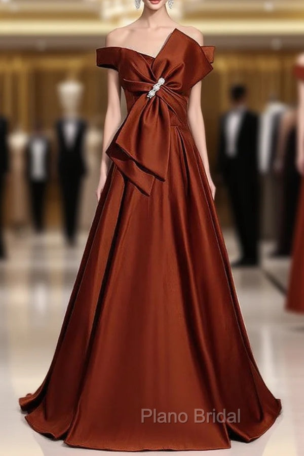 Burgundy Satin Bow Off the Shoulder Formal Prom Dresses
