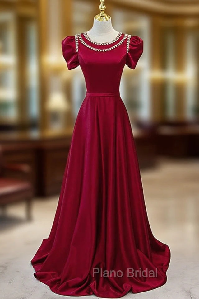 Burgundy Satin Cap Sleeve Beading Pearls Formal Prom Dresses Main image