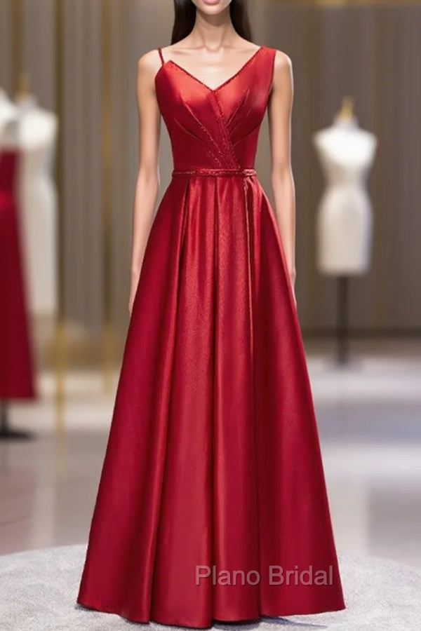 Burgundy Satin Dissymmetry Neck Beading Formal Prom Dresses Main image