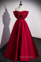 Burgundy Satin Floor Length Formal Prom Dresses, A-Line Off the Shoulder Evening Party Dresses
