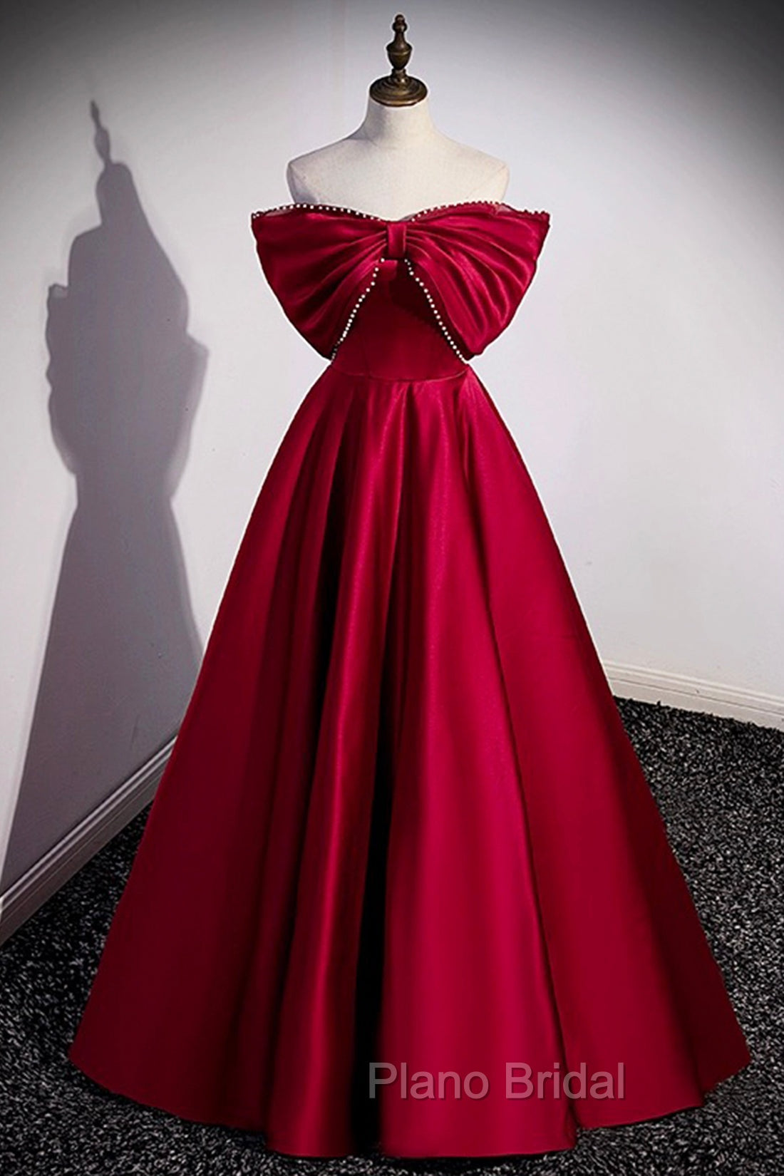 Burgundy Satin Floor Length Formal Prom Dresses, A-Line Off the Shoulder Evening Party Dresses