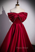 Burgundy Satin Floor Length Formal Prom Dresses, A-Line Off the Shoulder Evening Party Dresses