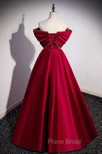 Burgundy Satin Floor Length Formal Prom Dresses, A-Line Off the Shoulder Evening Party Dresses