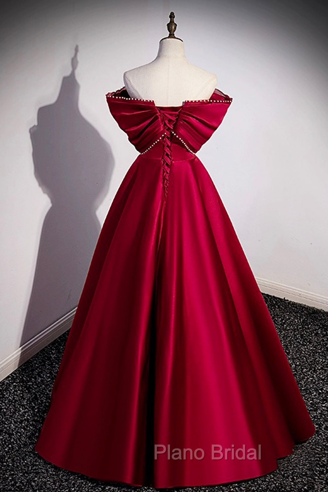 Burgundy Satin Floor Length Formal Prom Dresses, A-Line Off the Shoulder Evening Party Dresses