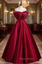 Burgundy Satin Floor Length Formal Prom Dresses, A-Line Off the Shoulder Evening Party Dresses