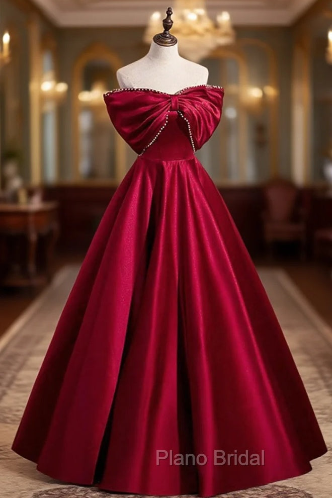Burgundy Satin Floor Length Formal Prom Dresses, A-Line Off the Shoulder Evening Party Dresses