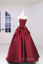 Burgundy Satin Floor Length Formal Prom Dresses, Beautiful A-Line Evening Party Dresses