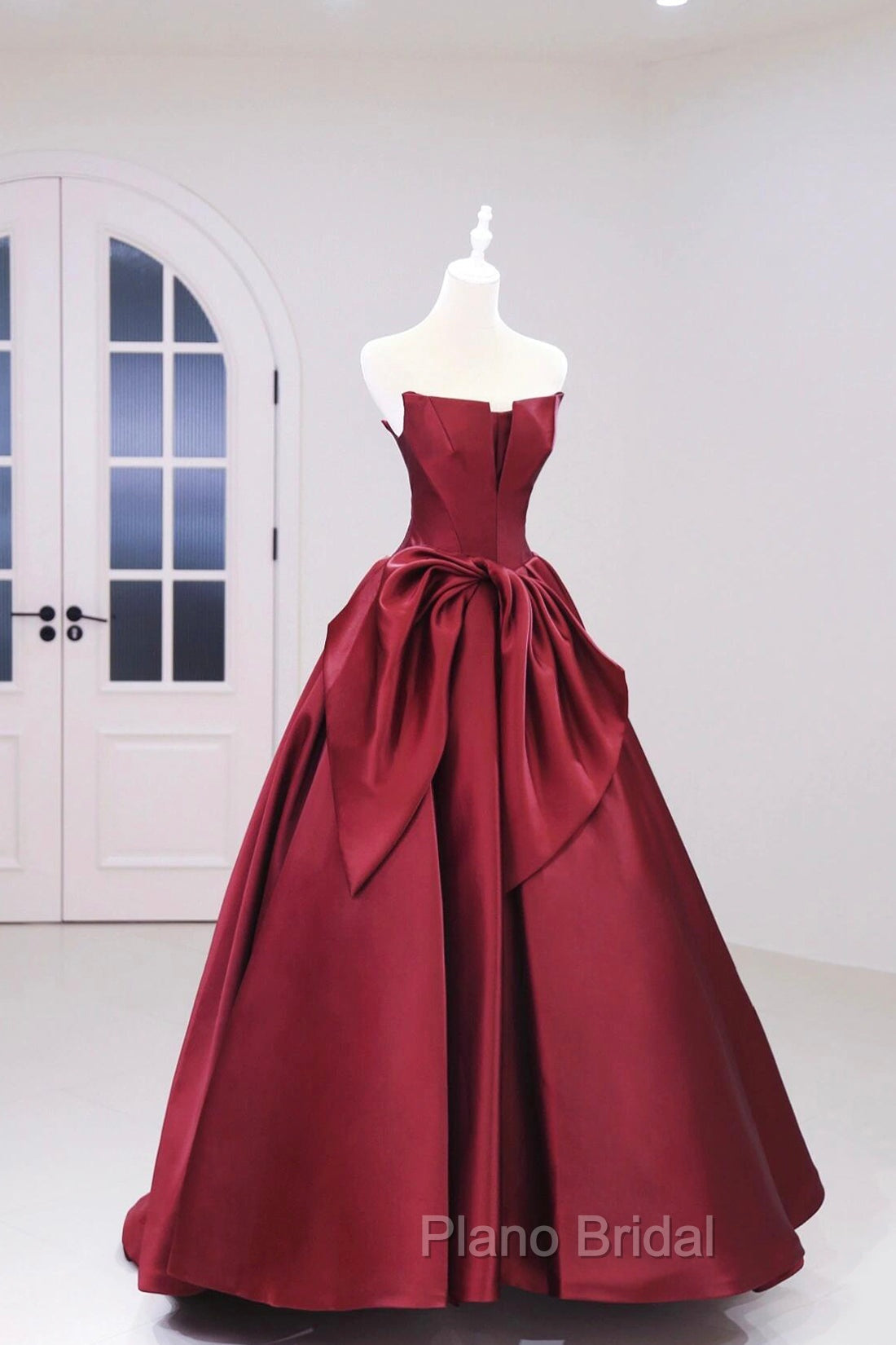 Burgundy Satin Floor Length Formal Prom Dresses, Beautiful A-Line Evening Party Dresses