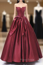 Burgundy Satin Floor Length Formal Prom Dresses, Beautiful A-Line Evening Party Dresses