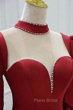 Burgundy Satin High Neck Long Formal Prom Dresses, Burgundy A-Line Evening Party Dresses