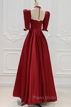 Burgundy Satin High Neck Long Formal Prom Dresses, Burgundy A-Line Evening Party Dresses