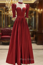Burgundy Satin High Neck Long Formal Prom Dresses, Burgundy A-Line Evening Party Dresses