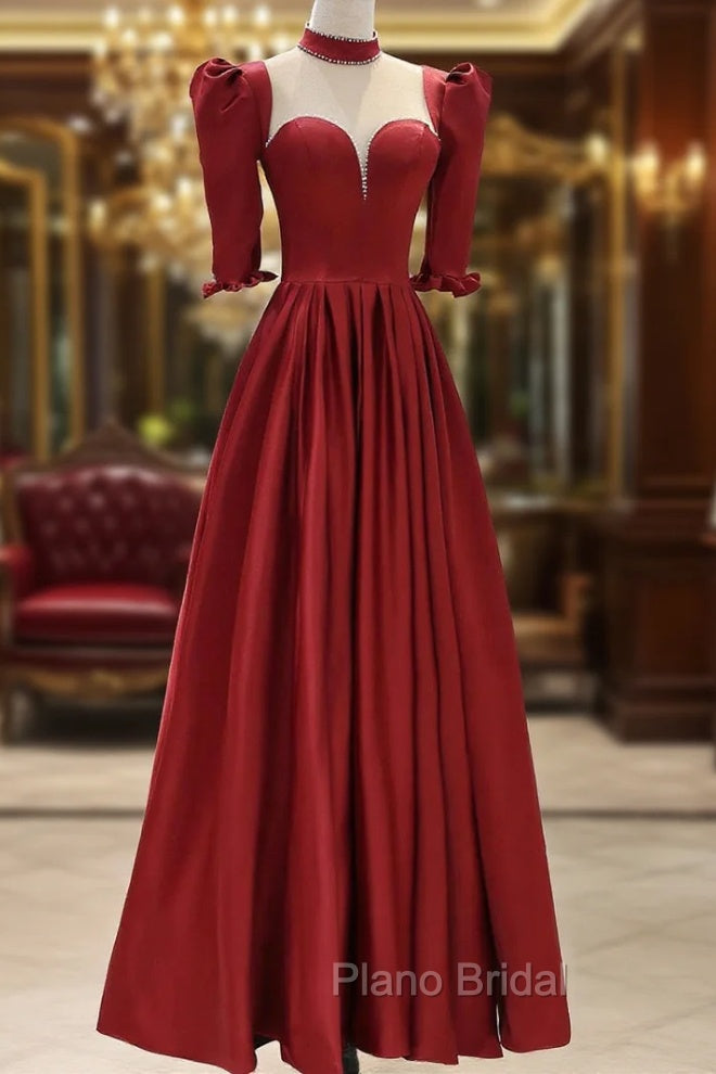 Burgundy Satin High Neck Long Formal Prom Dresses, Burgundy A-Line Evening Party Dresses