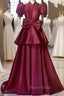 Burgundy Satin High Neck Puff Sleeve Bow Formal Prom Dresses
