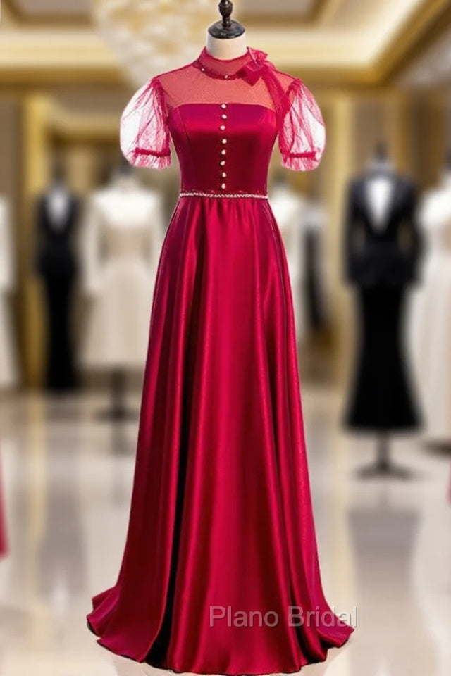 Burgundy Satin High Neck Short Sleeve Backless Beading Formal Prom Dresses Main image