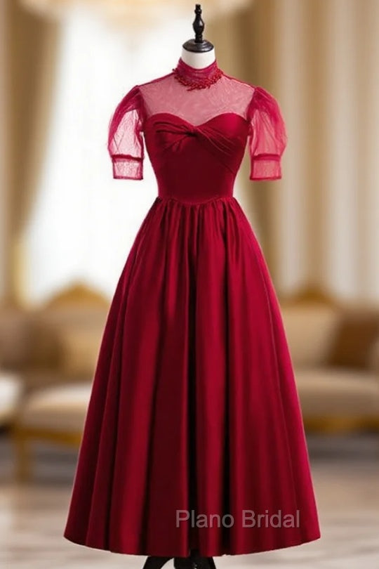 Burgundy Satin High Neck Short Sleeve Pleats Pearls Formal Prom Dresses Main image