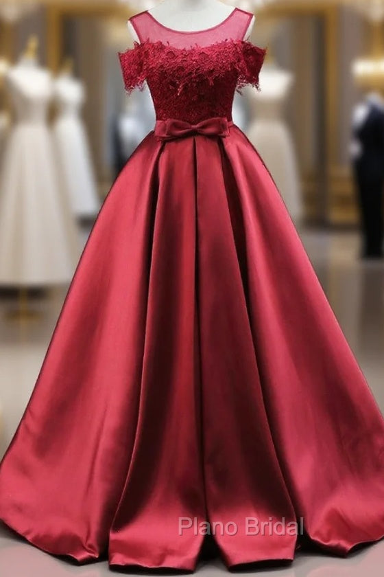 Burgundy Satin Lace Bow Formal Prom Dresses